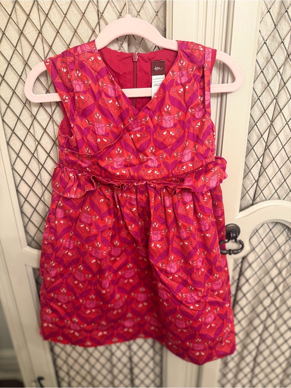 Tea Collection Palermo Red Pink Floral Ruffle Dress Size 5 Faux Wrap